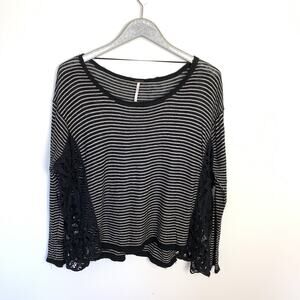 Free People Black Gray Stripe Oversized Lace Inset Top Size Medium M